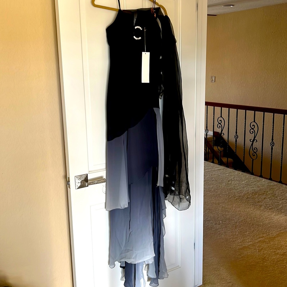 Del Rosario silk tiered black & grey evening gown Size 2, matching shawl/scarf